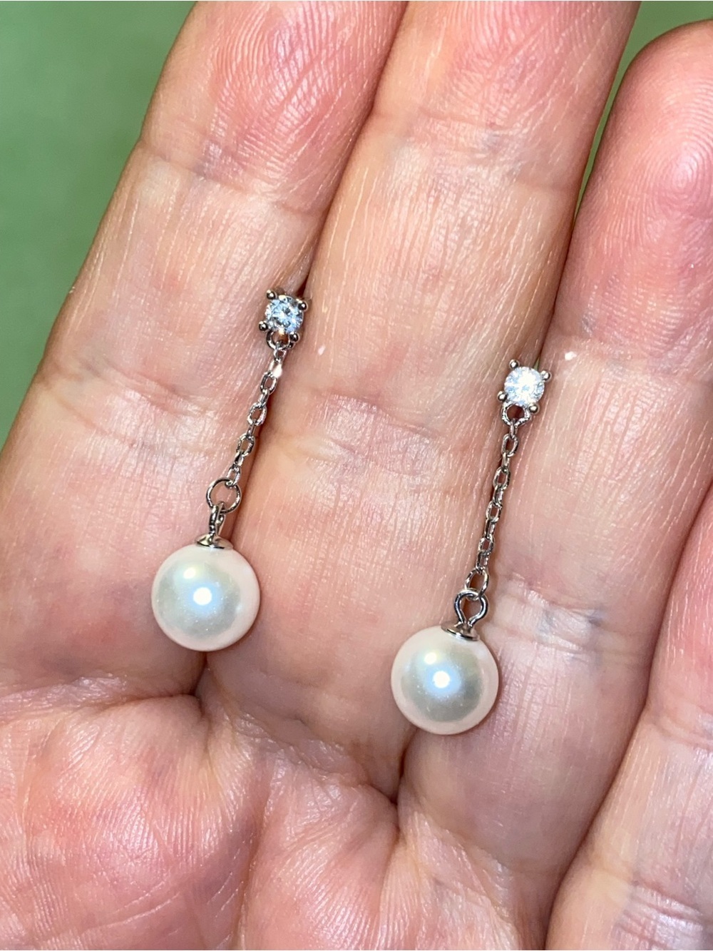 Classic Pearl Drop Earrings with Cubic Zirconia Accent - White. Sterling Silver